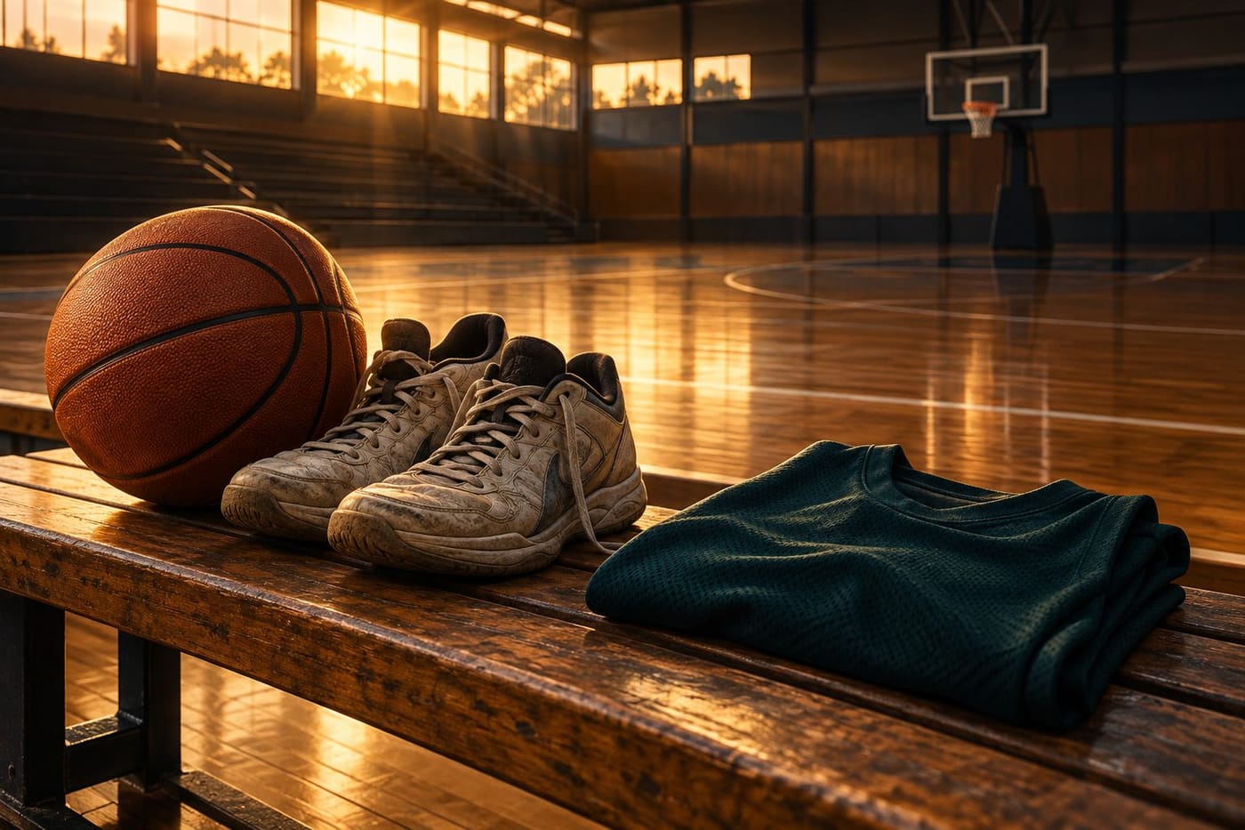 Original symbolic illustration of a basketball, worn shoes and plain jersey beside a fictional indoor court; not Te Rangi's possessions or an actual venue.