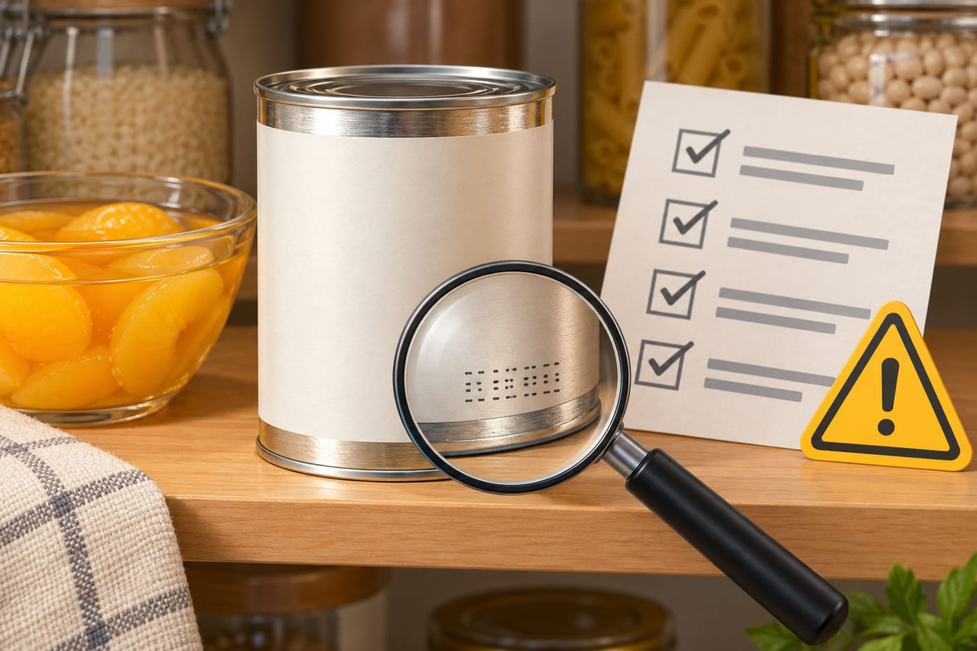Original conceptual pantry illustration showing an unbranded can, magnifying glass and checklist to explain how shoppers can compare recall codes; not an image of the recalled product.