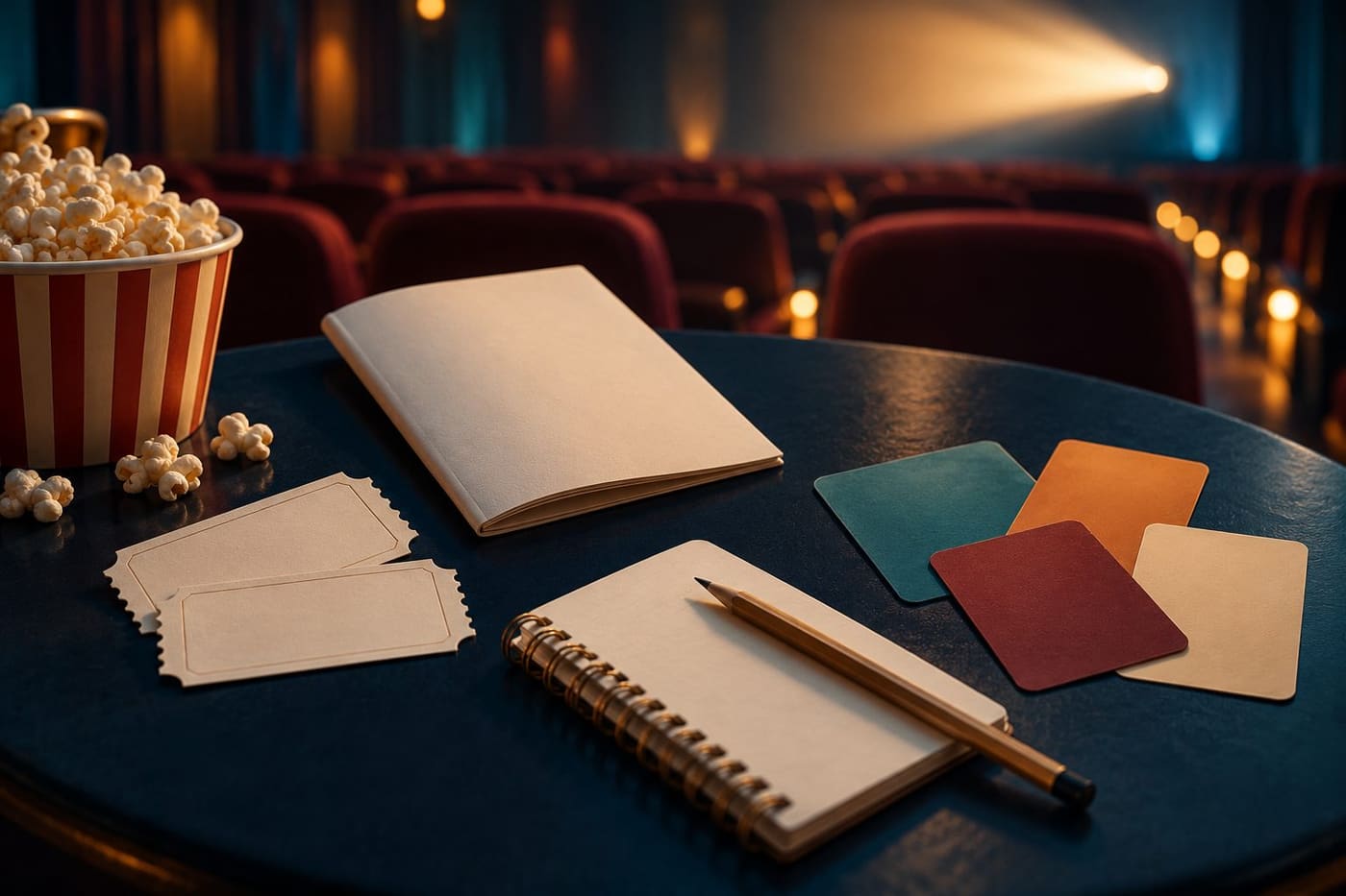 Original conceptual illustration of blank cinema tickets, a programme, notebook and colored cards in a cinema; no official rating symbols.