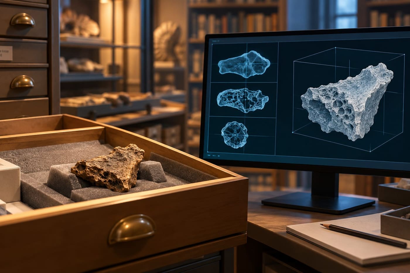 Original conceptual illustration of a generic fossil fragment in a museum drawer beside an abstract CT display; not the actual Invictibellatrix specimen.