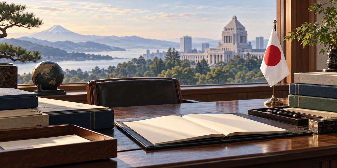 Original generated conceptual illustration of archival folders, a blank document and Japanese flag with a stylised Diet building and landscape; not Fukuda’s office or a real memorial.