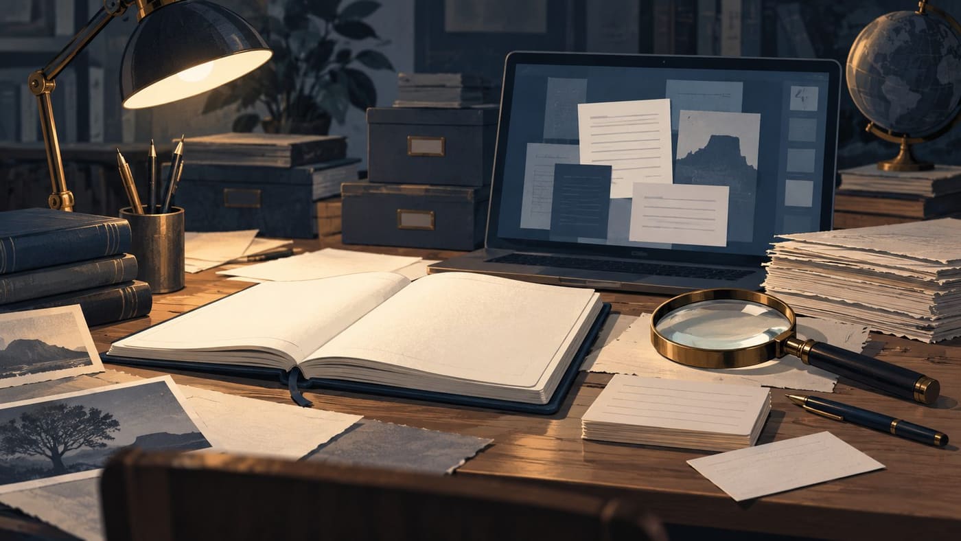 Original generated illustration of an archival research desk with notebooks, papers and a magnifying glass.