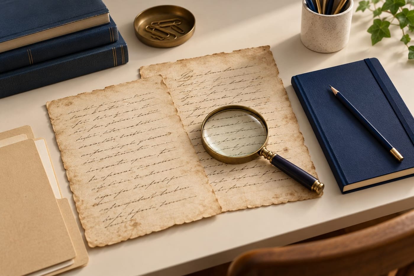 Original conceptual illustration of invented old papers, a magnifying glass and navy notebook; not authentic historical documents.