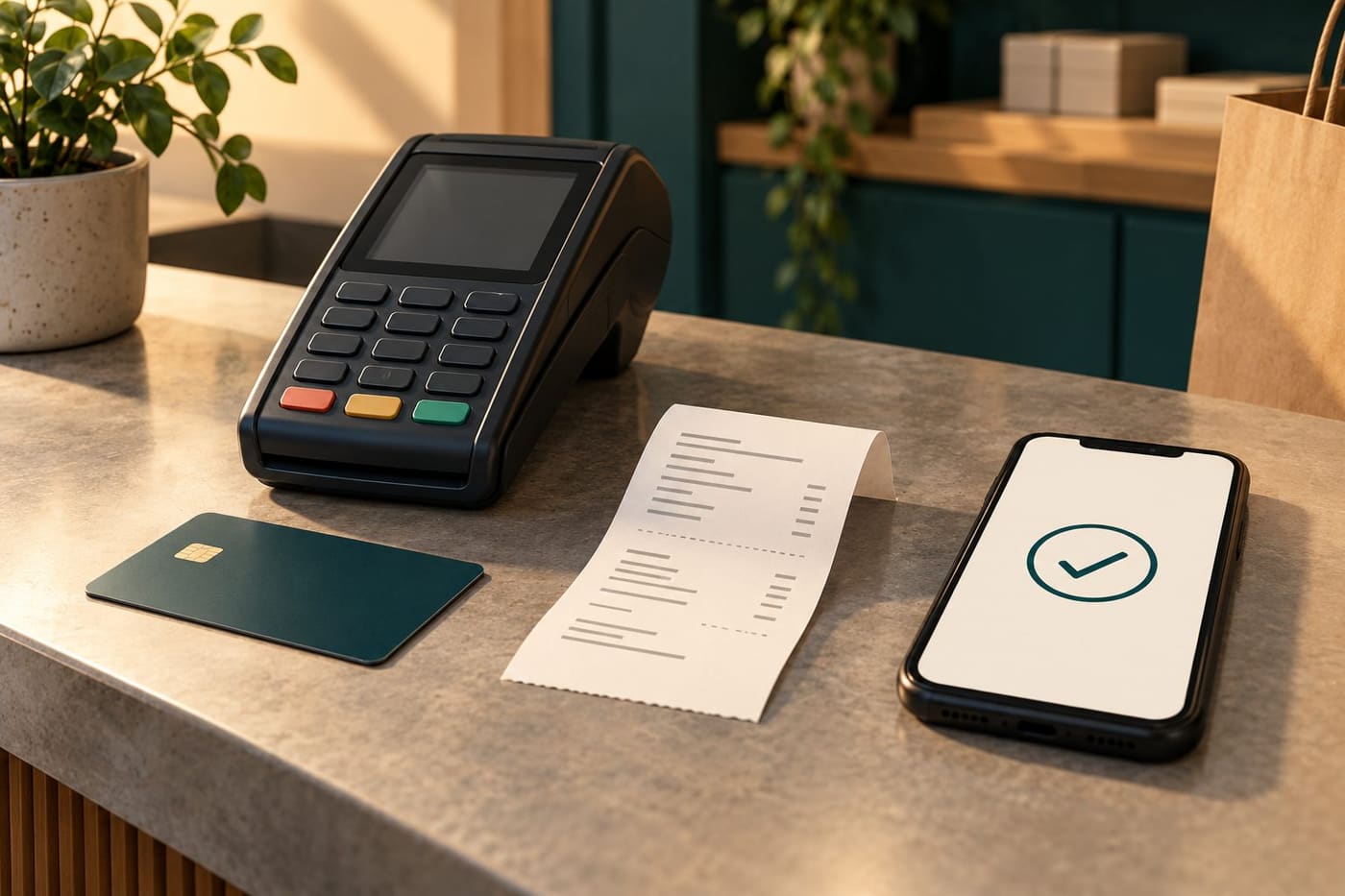 Original conceptual illustration of an unbranded payment terminal, plain bank card, receipt and phone; not ASB equipment or the actual incident.