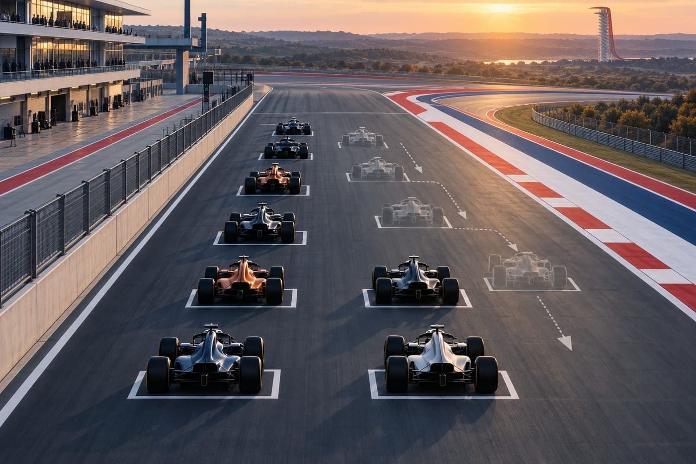 Original conceptual view of an unbranded race-car starting grid with ghosted positions illustrating penalty-driven movement; not a photograph of the Austin race or real teams.