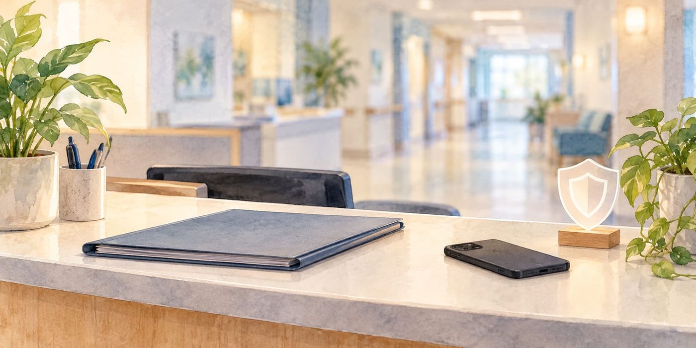 Original conceptual illustration of a calm hospital reception desk with a closed blank folder, face-down phone and simple privacy shield; not a depiction of Royal Darwin Hospital or the reported incident.