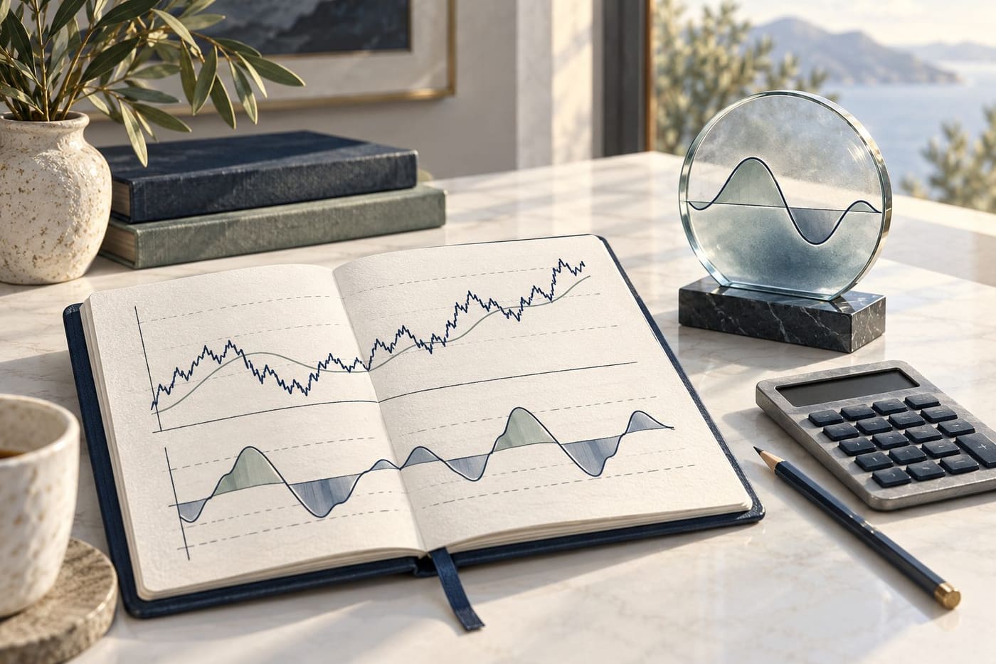 Original conceptual illustration of a notebook with abstract chart lines, a calculator and a glass wave motif; not real market data.