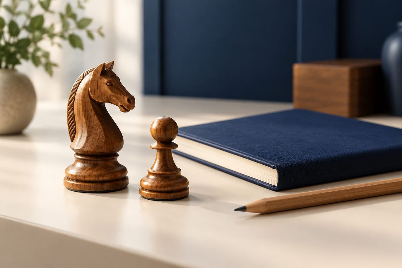 Original conceptual still life of a wooden chess knight and pawn beside a navy notebook and pencil; not a tournament photograph or position diagram.