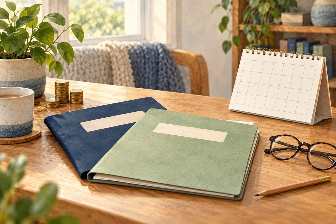Original conceptual illustration of blank pension-planning folders, a calendar, spectacles and coins on a home desk; not an official form or account screenshot.