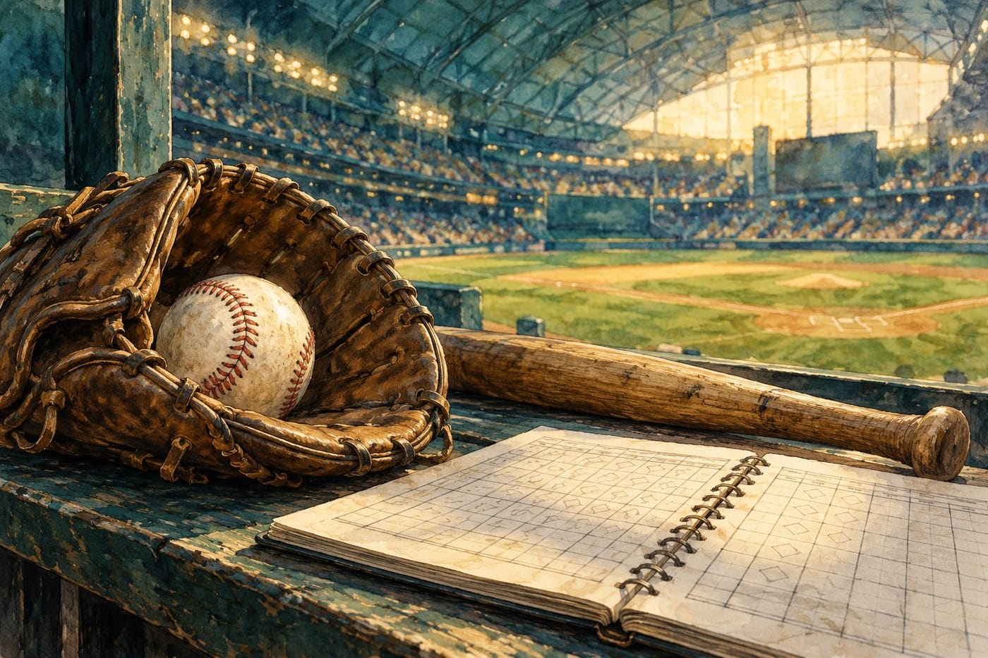 Original conceptual illustration of unbranded baseball equipment and a blank scorebook in a generic covered ballpark; not match photography, an official trophy or a championship graphic.