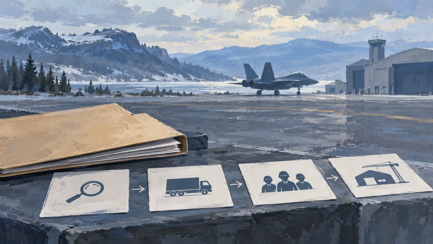 Original conceptual illustration of an unmarked fighter at a fictional snowy airfield, with icon cards for review, delivery, personnel and infrastructure; not an actual F-35 delivery photograph.