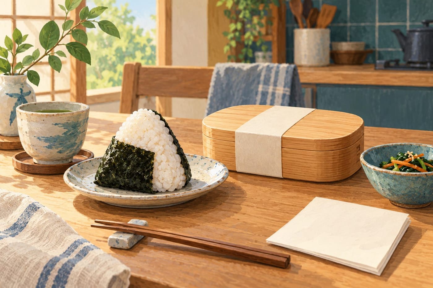 Original conceptual illustration of a generic rice ball, closed food box and tableware; not FamilyMart packaging or a photograph of the collaboration products.