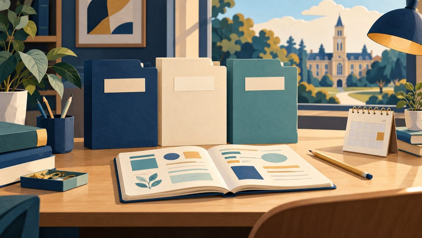 Original conceptual illustration of study folders, a notebook and calendar on a student desk; not an official NMSC certificate, score report or scholarship offer.