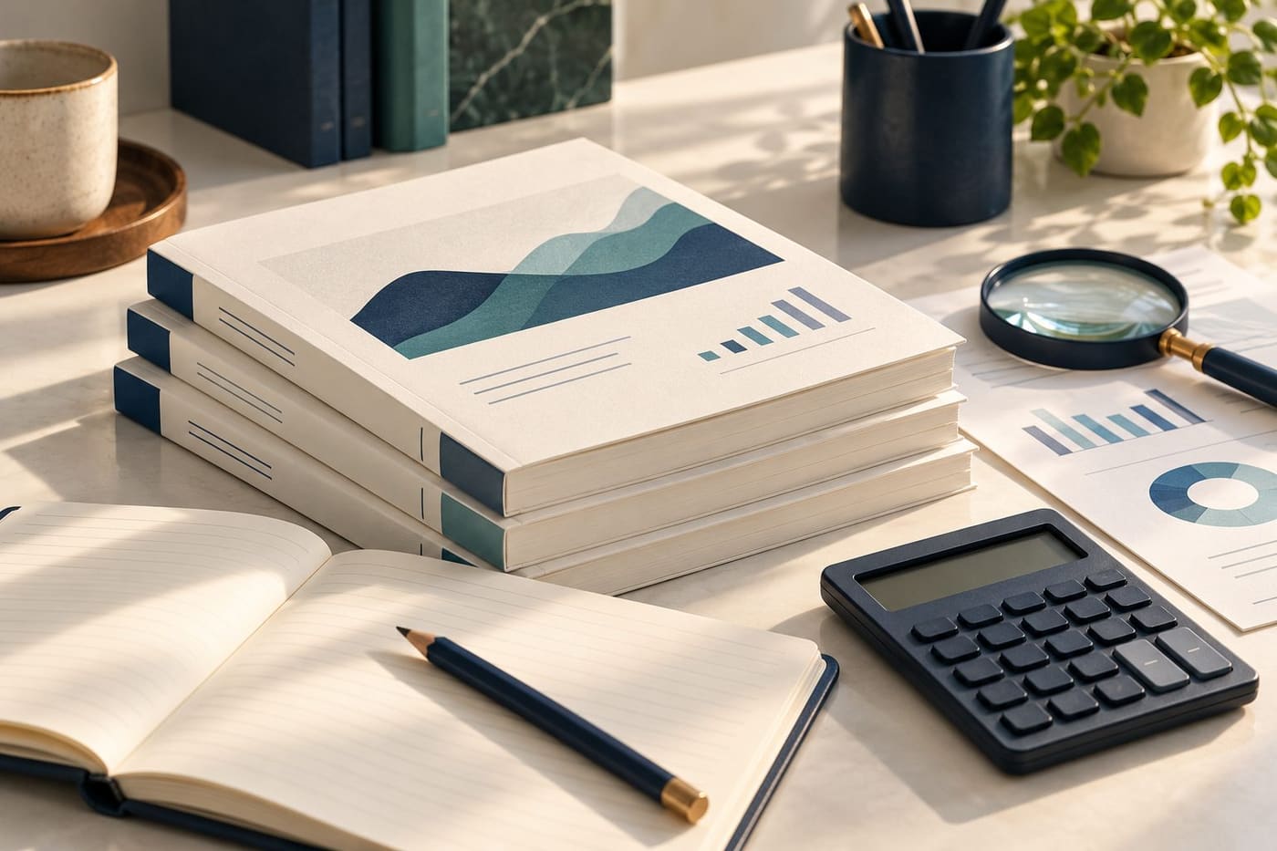 Original conceptual illustration of generic reports, a notebook, calculator and magnifying glass; no actual company data.