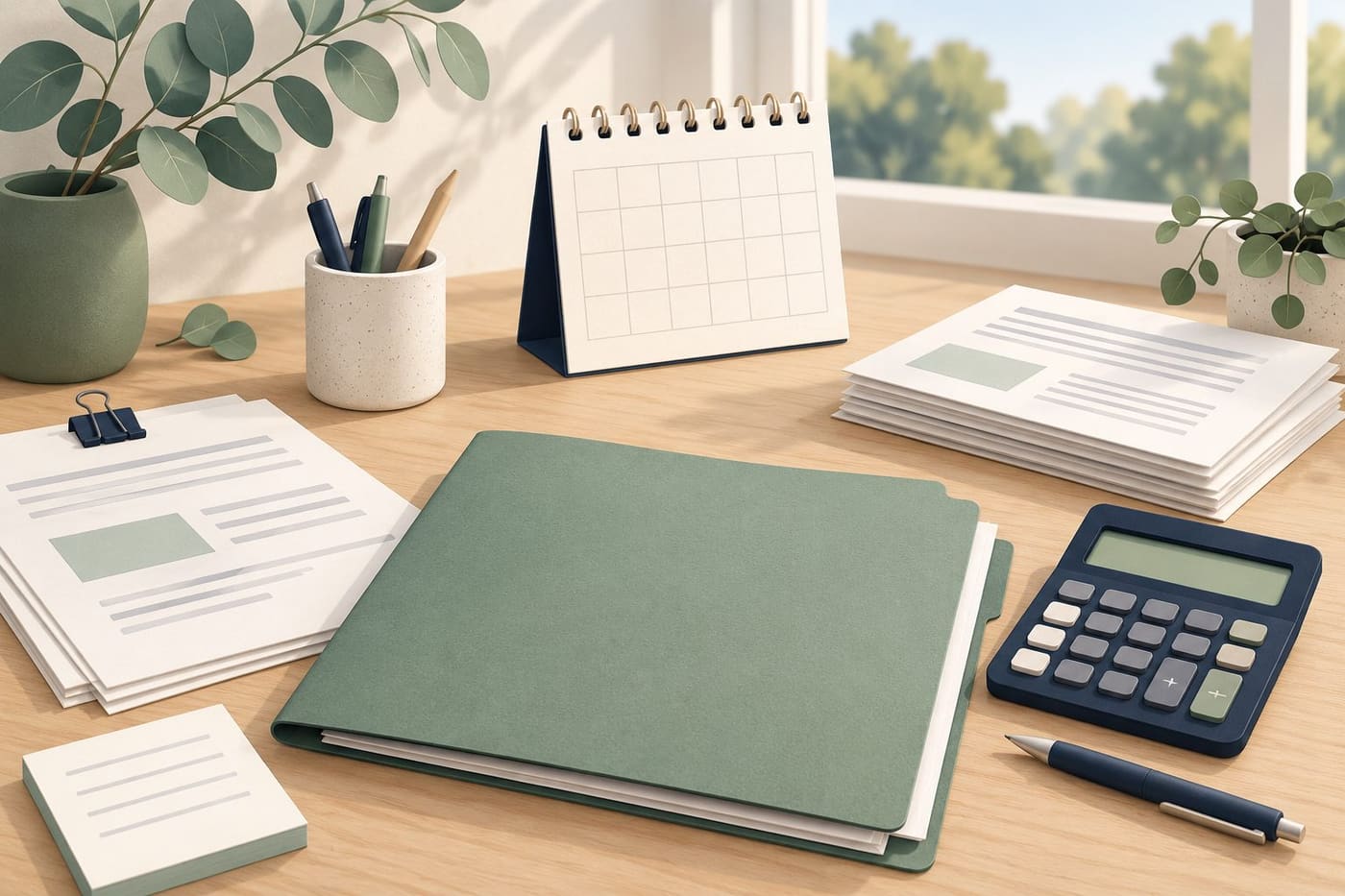 Original conceptual illustration of a folder, blank calendar, calculator and papers on a desk; not an official Centrelink form or government notice.