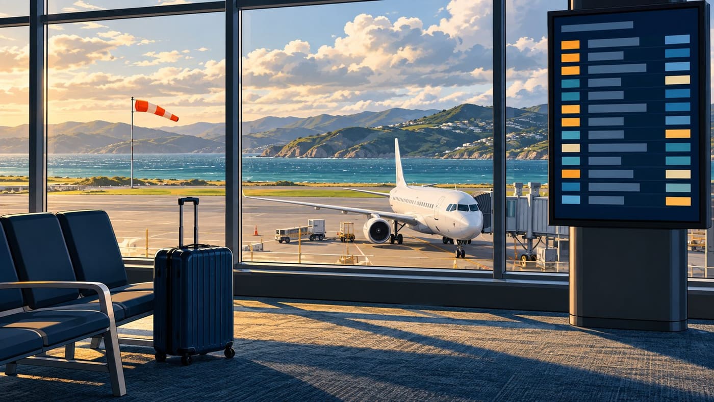 Original generated conceptual airport illustration showing a generic aircraft, windsock, luggage and an abstract flight board; not a photograph of Wellington Airport or a live status display.